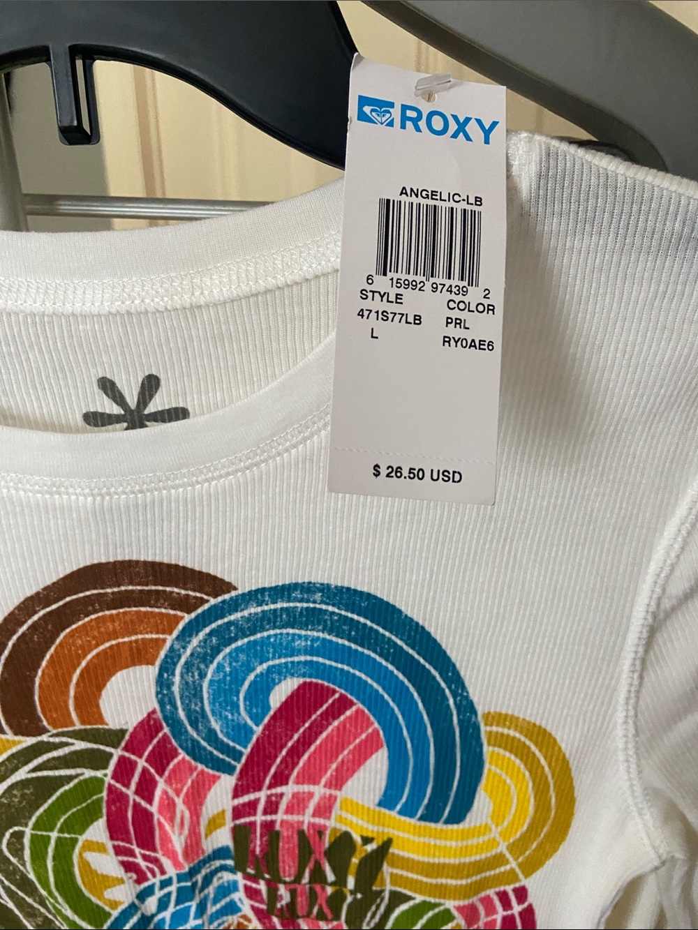 Roxy White Long Sleeve Tee with Colorful Swirl Graphic Size Large - Picture 3 of 4